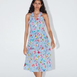 ZARA FLORAL STRIPED DRESS WITH POCKETS